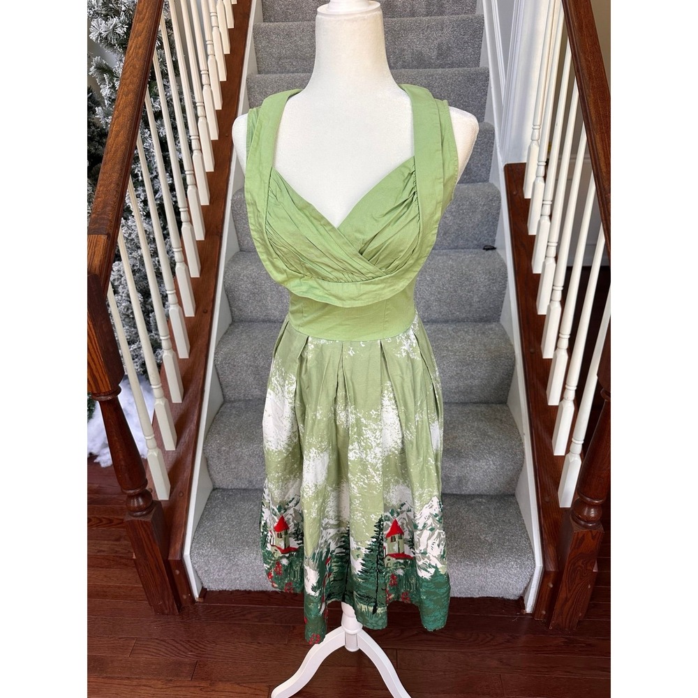 Unique Vintage 1950s Style Milk Maid Retro Swiss Alps Green White Cocktail Dress - Picture 8 of 12